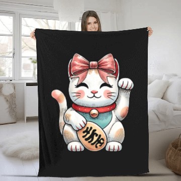 Discover Coquette Bow Maneki Neko Japanese Cat Lucky Pink Fleece Blankets