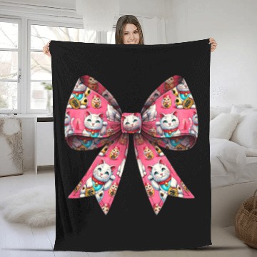 Discover Coquette Bow Maneki Neko Japanese Cat Lucky Pink Fleece Blankets