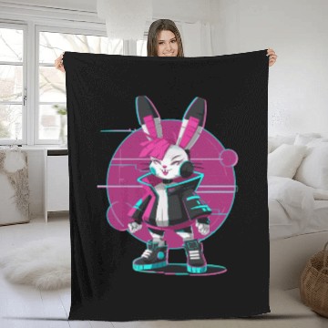 Discover Cyber Bunny with Futuristic Style and Neon Colors Fleece Blankets
