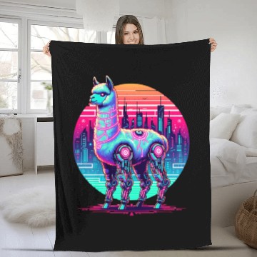 Discover Futuristic Cyber Llama in Neon Cityscape Fleece Blankets