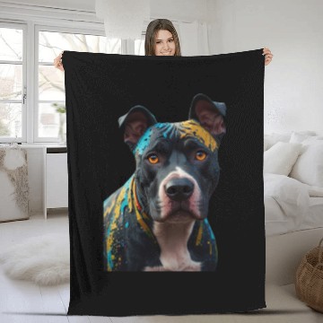 Discover A graffiti-style pitbull portrait, colorful street Fleece Blankets