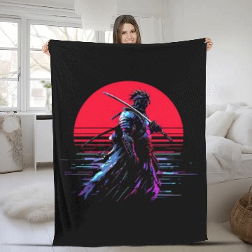 Discover Cyberpunk Samurai Warrior Under Neon Moon Fleece Blankets
