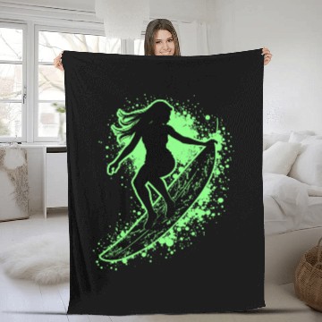 Discover Stylish Female Surfer Surfing Waves Fleece Blankets