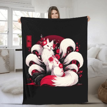 Discover Kitsune Fox Red spider lily Flowers Japanese Nine Fleece Blankets