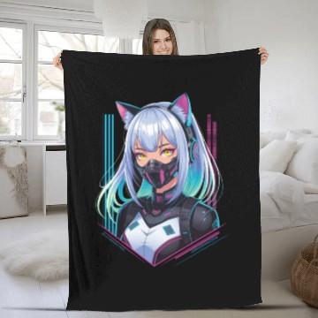 Discover Cyberpunk Girl Cat Ears Fleece Blankets