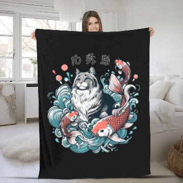 Discover Flow with Grace - Majestic Cat & Koi Fish Fleece Blankets