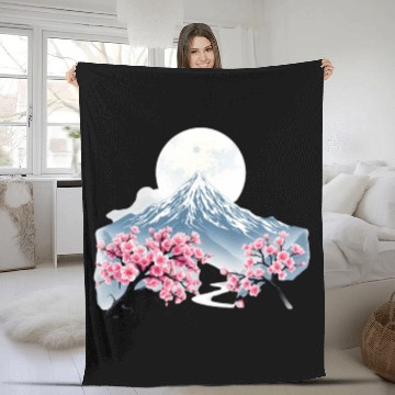 Discover Japanese mount fuji Sakura tree Cherry blossom Fleece Blankets