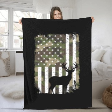 Discover Deer Buck Hunting Camo US Flag Hunter Camouflage Fleece Blankets