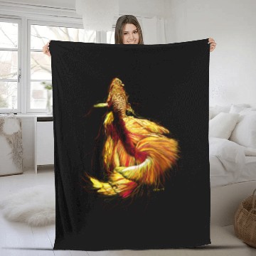 Discover Golden Betta Dance: Fiery Aquatic Art Print Fleece Blankets