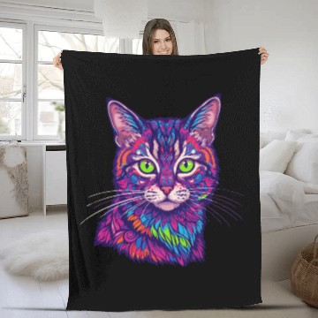 Discover psychedelic cat illustration Fleece Blankets