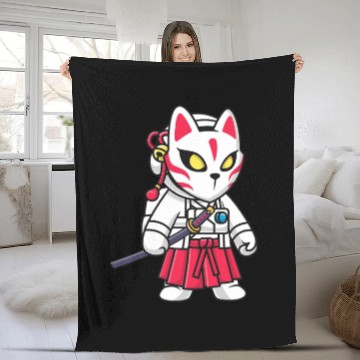 Discover Cute Astronaut Samurai with Kitsune Mask and Katan Fleece Blankets