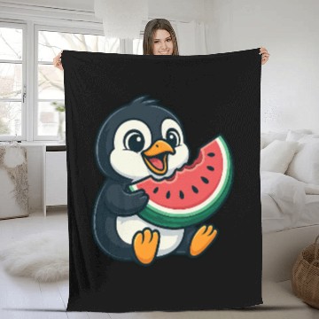 Discover Penguin with Watermelon Summer Fruit Fleece Blankets