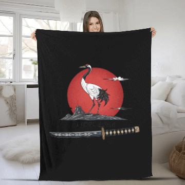 Discover Japanese Crane with Katana and MounT FUJI POSTER Fleece Blankets