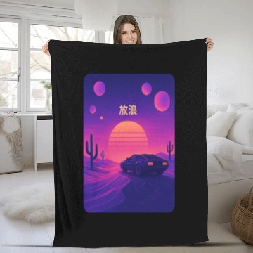 Discover Wanderlust Drive – Retro Vaporwave Desert Fleece Blankets