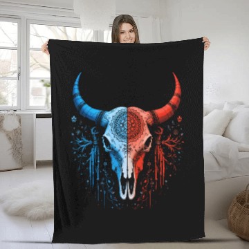 Discover Tribal Skull Design Red Blue Split Art Fleece Blankets