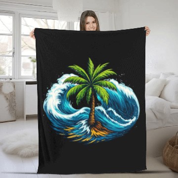 Discover "Palm Serenity Amid Ocean Waves" Fleece Blankets