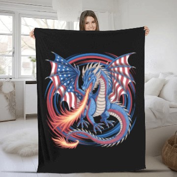 Discover Patriotic American Flag Dragon Breathing Fire Fleece Blankets