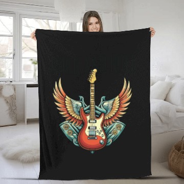 Discover Vintage Retro 80s Rock Roll Music Guitar Wing Fleece Blankets