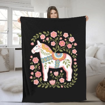 Discover Swedish Spring Dala Horse Floral Art Fleece Blankets