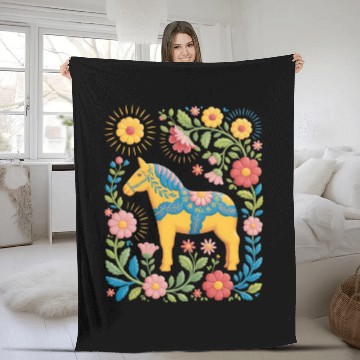 Discover Sunny Summer Dala Horse with Flowers Fleece Blankets