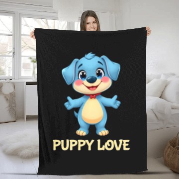 Discover Blue Puppy Love Cartoon - Playful Pet Character Fleece Blankets