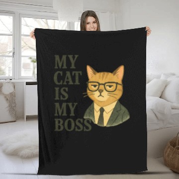 Discover My Cat Is My Boss – Funny Cat in Suit Illustration Fleece Blankets
