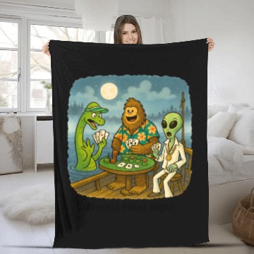 Discover Bigfoot, Nessie and an Alien Play Poker - Cryptid Fleece Blankets