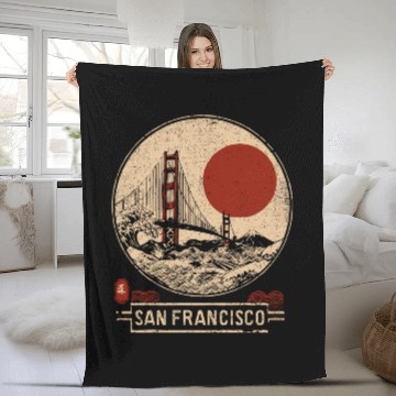 Discover San Francisco - Woodblock Print Fleece Blankets