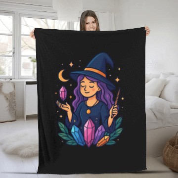 Discover Mystical Crystal Witch Illustration Fleece Blankets