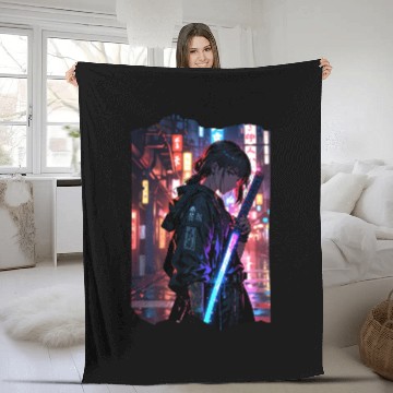 Discover Cyberpunk Samurai Girl Fleece Blankets