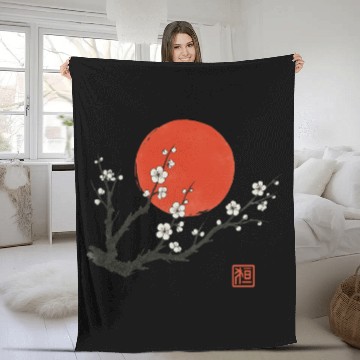 Discover Cherry Blossom and Red Sun – Japanese Sumi-e Ink S Fleece Blankets