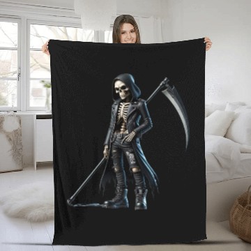 Discover Dark Skeleton Warrior with Scythe and Hooded Jacke Fleece Blankets
