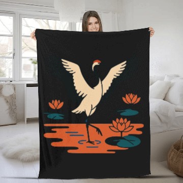 Discover Serene Crane & Lotus Design Fleece Blankets