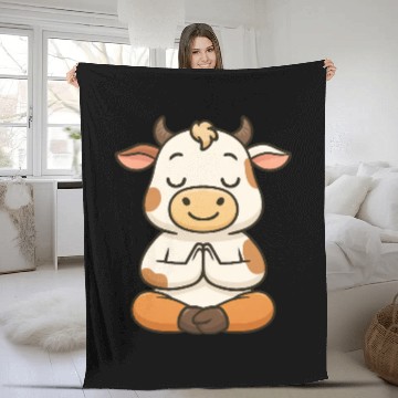 Discover Cute cow bull yoga meditation relax chibi Fleece Blankets