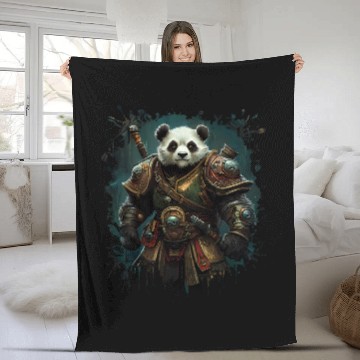 Discover Panda Hero In Gold Armor Against Fantasy Backdrop Fleece Blankets