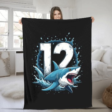 Discover Shark Children Birthday Number 12 Splashing Fun Fleece Blankets