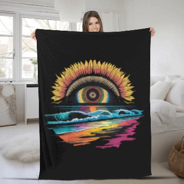 Discover Sunflower Eye Over Oceanic Waves Art Fleece Blankets