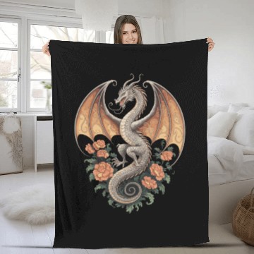 Discover Majestic Dragon with Roses Fantasy Design Fleece Blankets