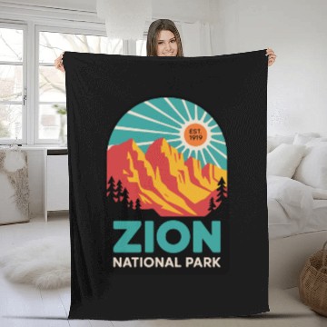 Discover Zion National Park Retro Sunset Art Fleece Blankets