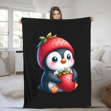 Discover Cute penguin with strawberry cartoon summer fun Fleece Blankets