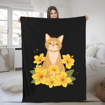 Discover Orange Cat Surrounded by Yellow Hibiscus Flowers Fleece Blankets
