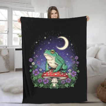 Discover Green Frog on Red Mushroom - Starry Night Fleece Blankets