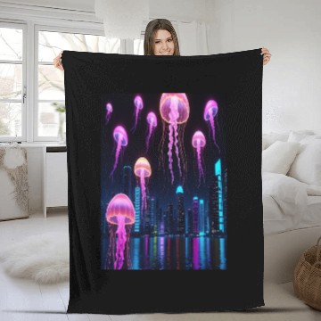 Discover Neon Jellyfish Over Cyber City Fleece Blankets