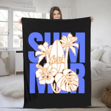 Discover Summer Surfboard & Palm Tree Tropical Design Fleece Blankets