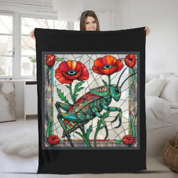 Discover Grasshopper cricket stained glass poppy flower Fleece Blankets