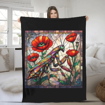 Discover Praying mantis stained glass vibrant poppy flower Fleece Blankets