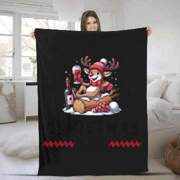 Discover Reindeer With Wine - Christmas Vibes Fleece Blankets