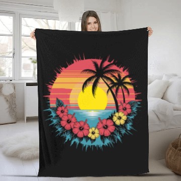 Discover Tropical Sunset Paradise with Hibiscus and Palm Fleece Blankets