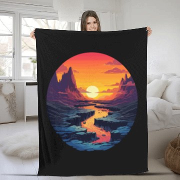 Discover Sunset Mountain River Serenity Landscape Fleece Blankets