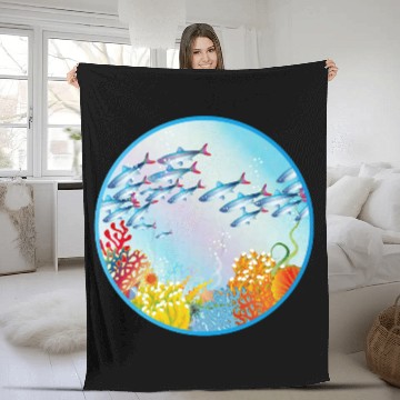 Discover School of colorful fish in a coral reef Fleece Blankets